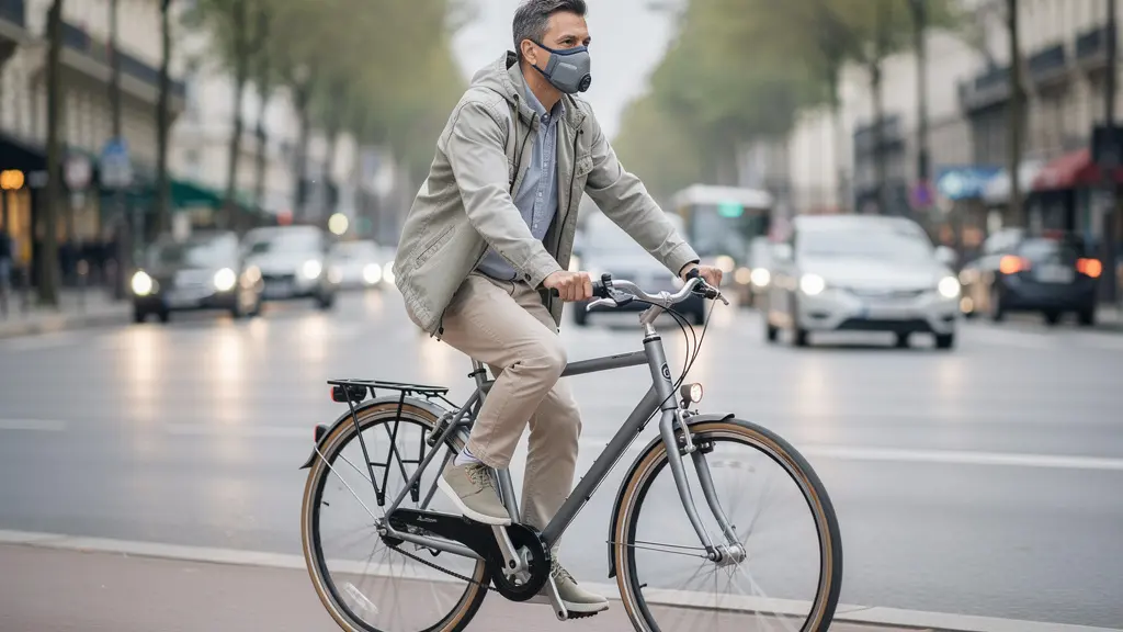 Cycliste urbain portant un masque anti-poussière sur piste cyclable en ville