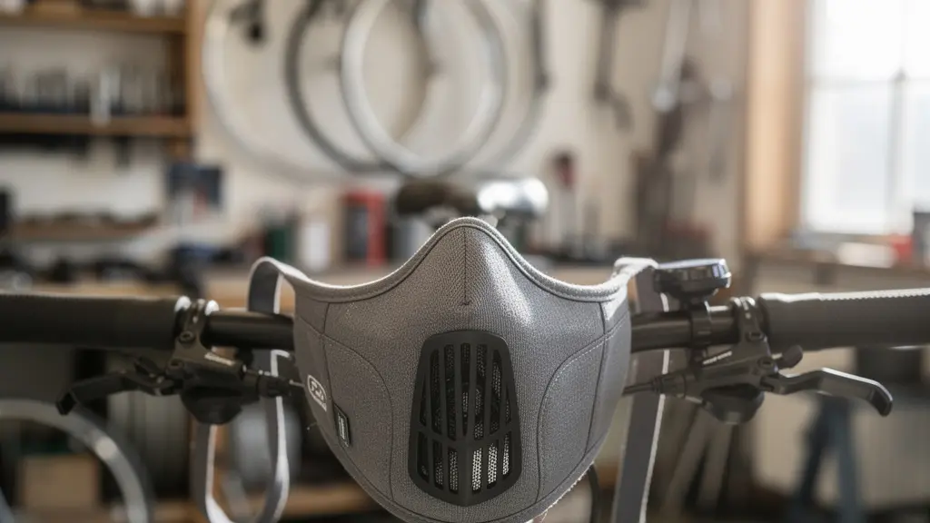 Masque anti-pollution vélo posé sur guidon avec filtre visible