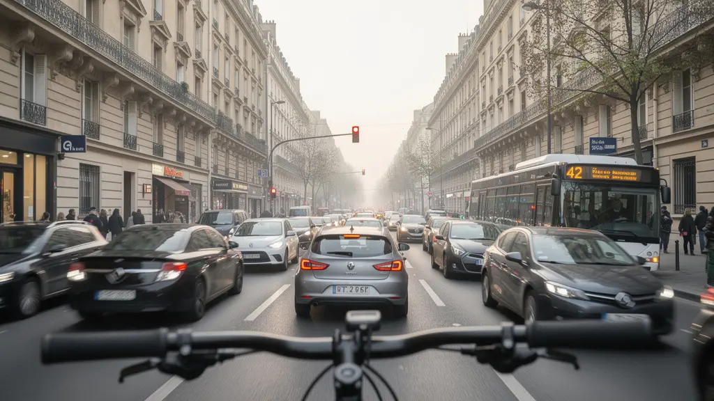 Rue urbaine aux heures de pointe vue depuis perspective cycliste avec brume de pollution