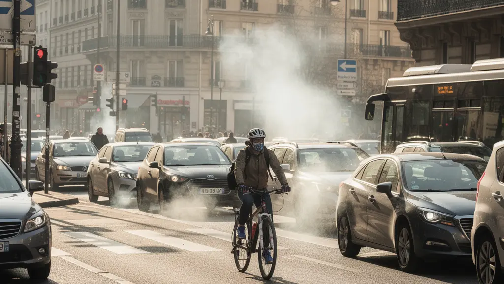 Rue urbaine encombrée avec cycliste au milieu du trafic automobile