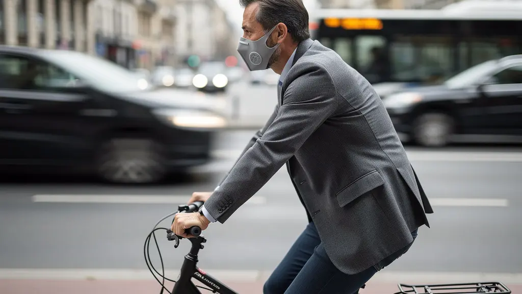 Cycliste portant un masque antipollution sur piste cyclable urbaine