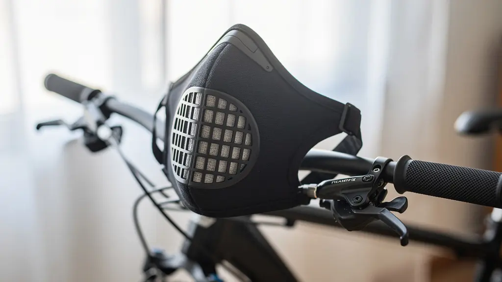 Masque antipollution avec filtre visible posé sur guidon de vélo